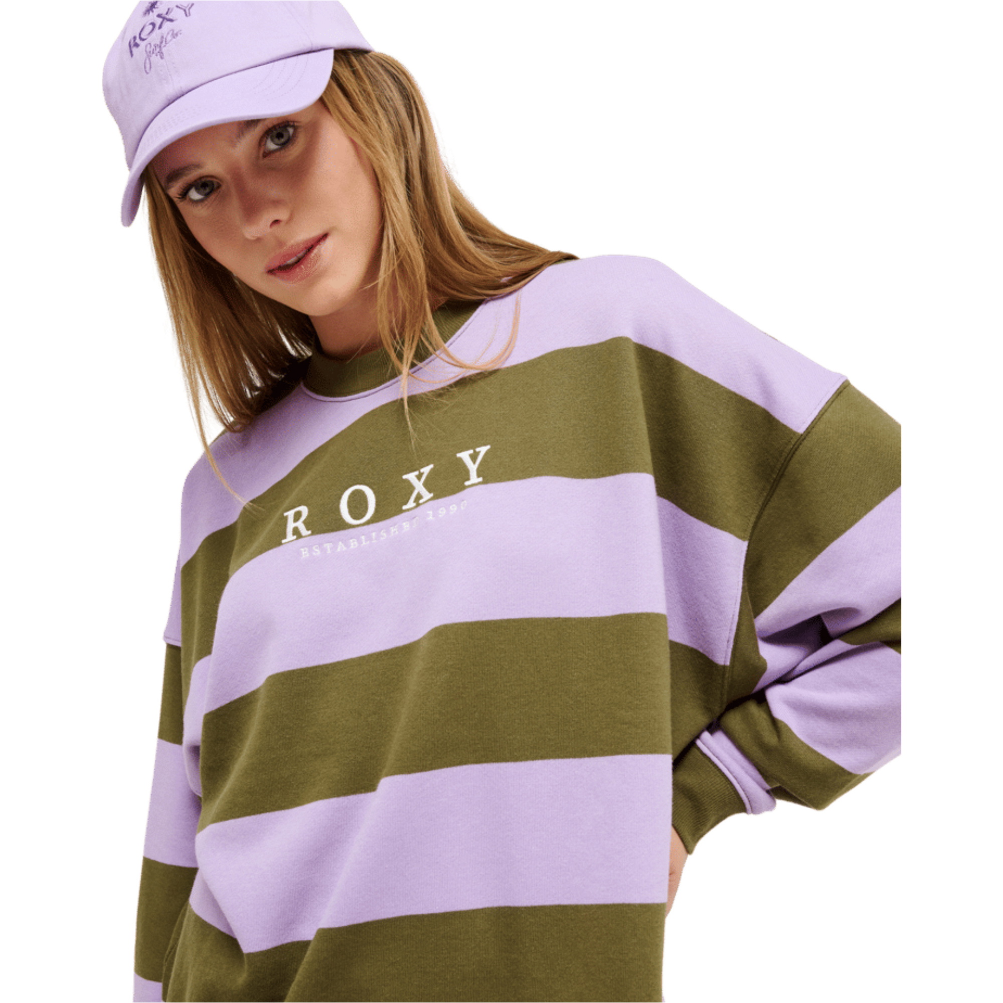 2026 Roxy Womens Strictly Stripes Oversized Sweatshirt ERJFT05071 - Winter Moss Stricty Striipe